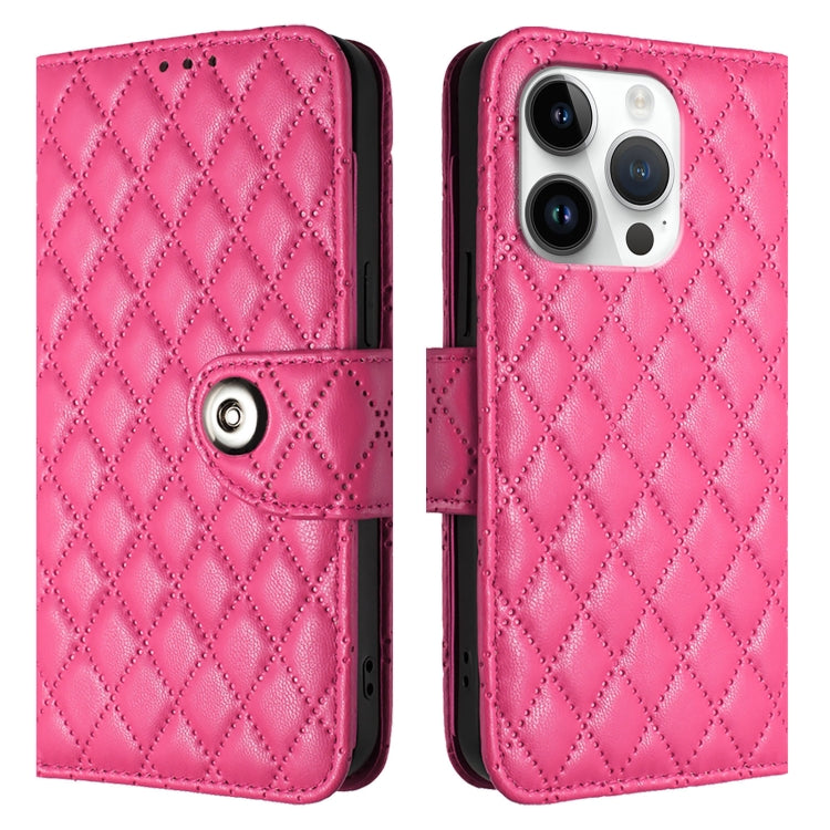 For iPhone 16 Pro Rhombic Texture Flip Leather Phone Case with Lanyard(Rose Red) by buy2fix
