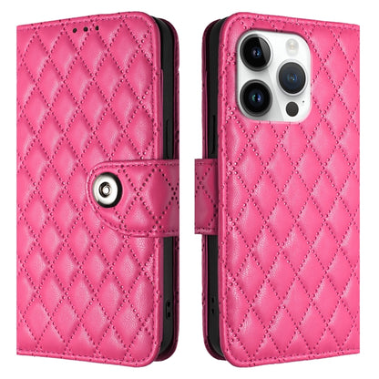 For iPhone 16 Pro Rhombic Texture Flip Leather Phone Case with Lanyard(Rose Red) by buy2fix
