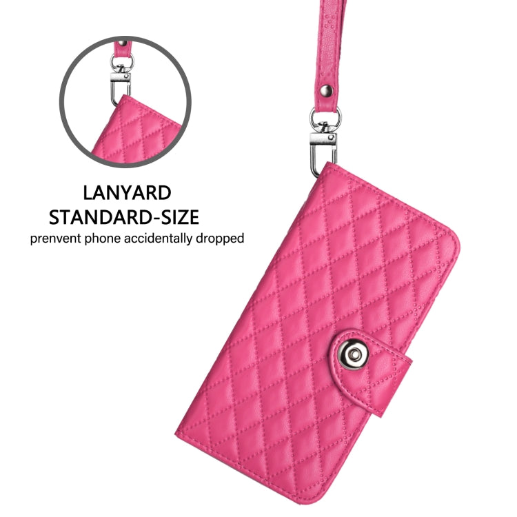 For iPhone 16 Pro Rhombic Texture Flip Leather Phone Case with Lanyard(Rose Red) by buy2fix