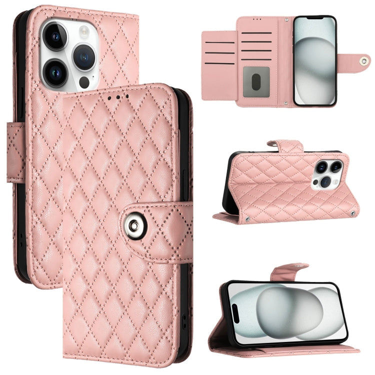 For iPhone 16 Pro Rhombic Texture Flip Leather Phone Case with Lanyard(Coral Pink) by buy2fix