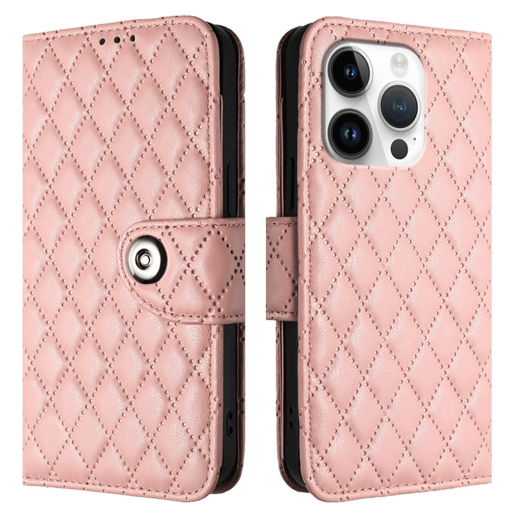 For iPhone 16 Pro Rhombic Texture Flip Leather Phone Case with Lanyard(Coral Pink) by buy2fix