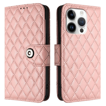 For iPhone 16 Pro Rhombic Texture Flip Leather Phone Case with Lanyard(Coral Pink) by buy2fix