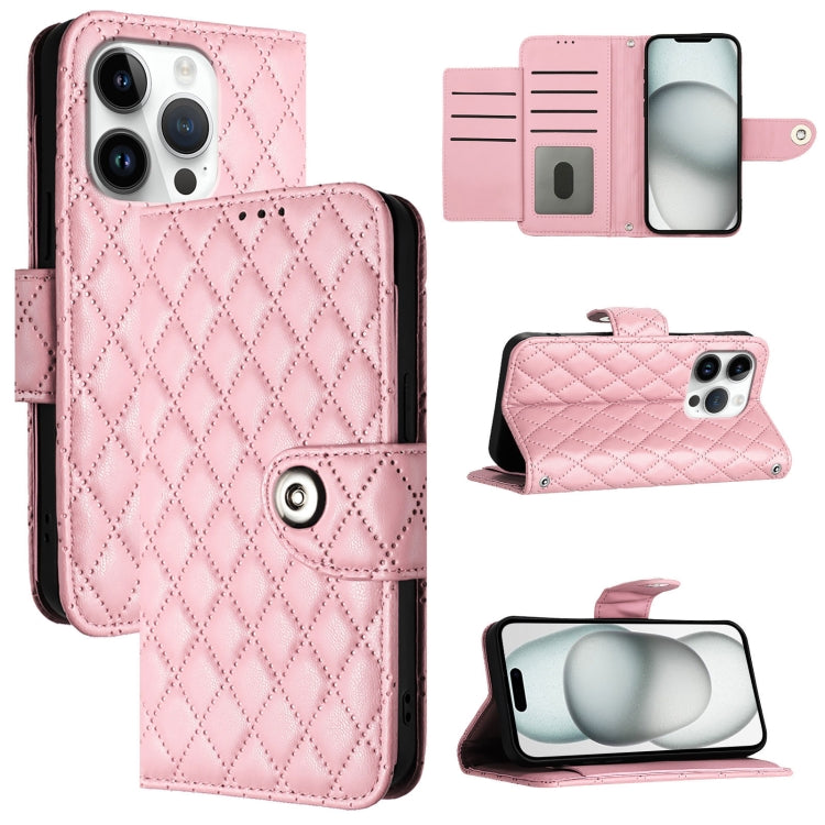 For iPhone 16 Pro Rhombic Texture Flip Leather Phone Case with Lanyard(Pink) by buy2fix