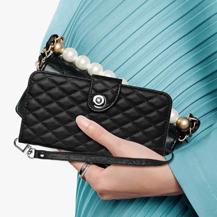 For iPhone SE 2024 Rhombic Texture Flip Leather Phone Case with Lanyard(Black) by buy2fix