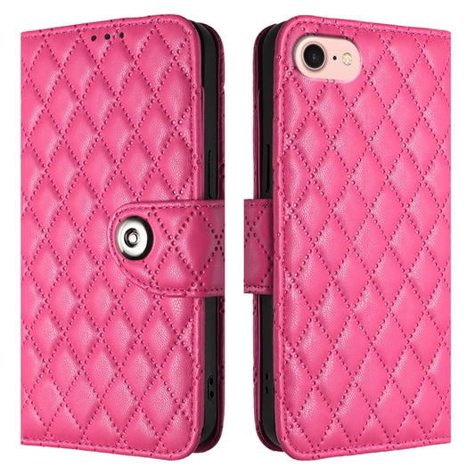 For iPhone SE 2024 Rhombic Texture Flip Leather Phone Case with Lanyard(Rose Red) by buy2fix