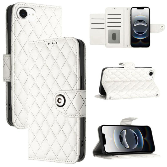 For iPhone SE 2024 Rhombic Texture Flip Leather Phone Case with Lanyard(White) by buy2fix