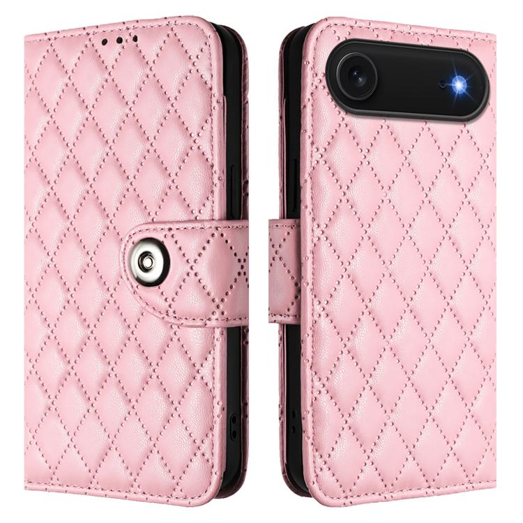 For iPhone Air Rhombic Texture Flip Leather Phone Case with Lanyard(Pink) - iPhone Air Cases by buy2fix | Online Shopping UK | buy2fix