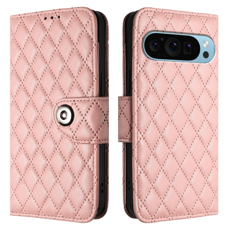 For Google Pixel 9 Pro XL Rhombic Texture Flip Leather Phone Case with Lanyard(Coral Pink) by buy2fix