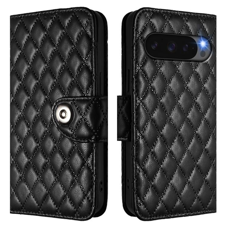 For Google Pixel 10 Pro XL 5G Global Rhombic Texture Flip Leather Phone Case with Lanyard(Black) - Google Cases by buy2fix | Online Shopping UK | buy2fix