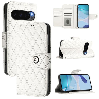 For Google Pixel 10 Pro XL 5G Global Rhombic Texture Flip Leather Phone Case with Lanyard(White) - Google Cases by buy2fix | Online Shopping UK | buy2fix