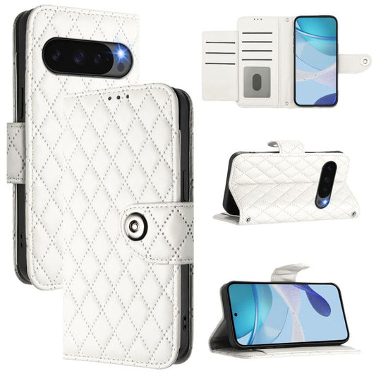 For Google Pixel 10 Pro XL 5G Global Rhombic Texture Flip Leather Phone Case with Lanyard(White) - Google Cases by buy2fix | Online Shopping UK | buy2fix