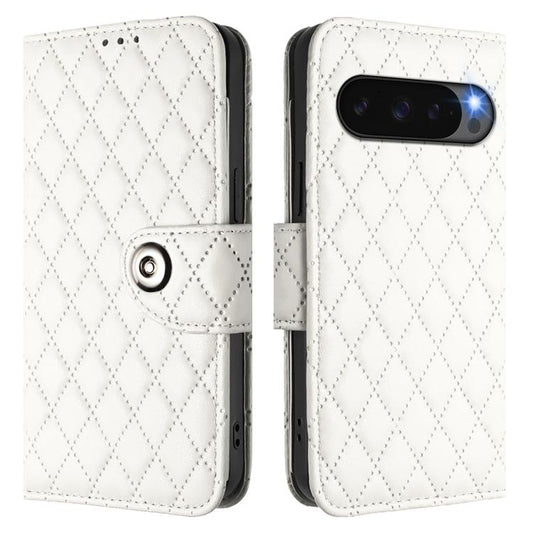 For Google Pixel 10 Pro XL 5G Global Rhombic Texture Flip Leather Phone Case with Lanyard(White) - Google Cases by buy2fix | Online Shopping UK | buy2fix