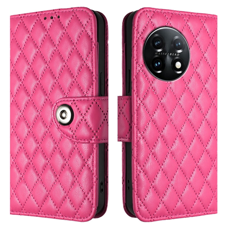 For OnePlus 11 Rhombic Texture Flip Leather Phone Case with Lanyard(Rose Red) - OnePlus Cases by buy2fix | Online Shopping UK | buy2fix