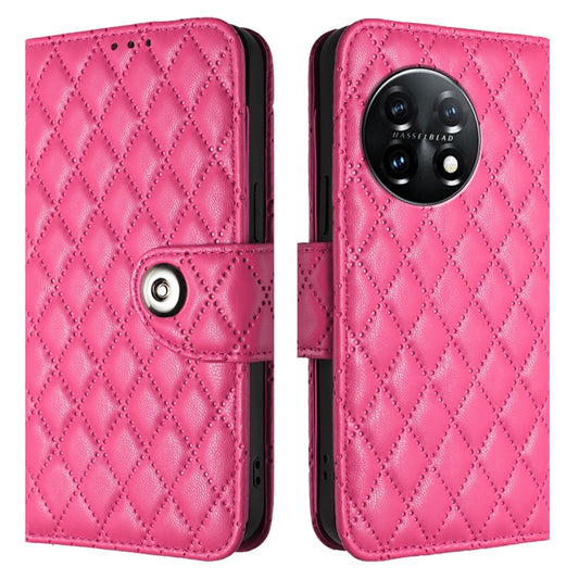 For OnePlus 11 Rhombic Texture Flip Leather Phone Case with Lanyard(Rose Red) - OnePlus Cases by buy2fix | Online Shopping UK | buy2fix