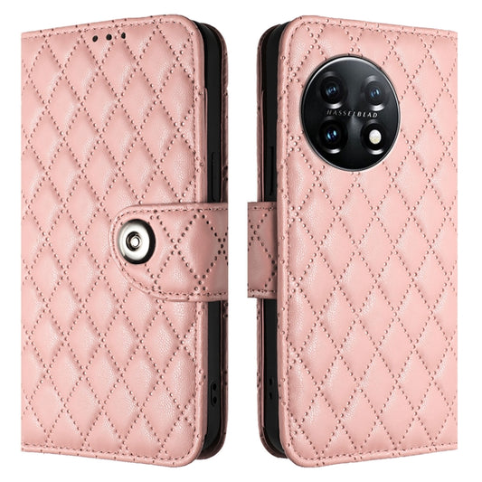 For OnePlus 11 Rhombic Texture Flip Leather Phone Case with Lanyard(Coral Pink) - OnePlus Cases by buy2fix | Online Shopping UK | buy2fix