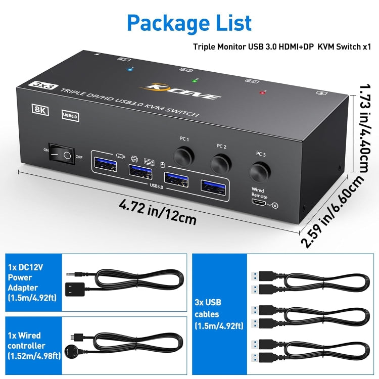 KC-KVM303DH 8K 60Hz USB3.0 DP+DP+HDMI Triple Monitors KVM Switch(US Plug) by buy2fix