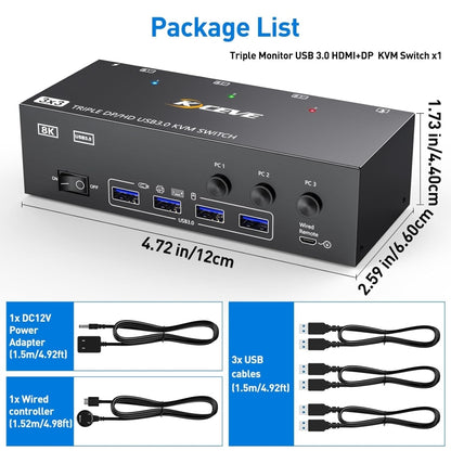 KC-KVM303DH 8K 60Hz USB3.0 DP+DP+HDMI Triple Monitors KVM Switch(US Plug) by buy2fix