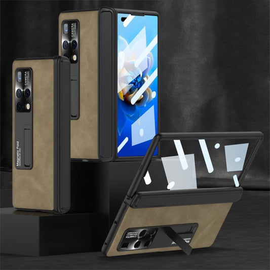 For Huawei Mate X2 GKK Integrated Frosted Leather HD Fold Hinge Phone Case with Holder(Brown) - Huawei Cases by GKK | Online Shopping UK | buy2fix
