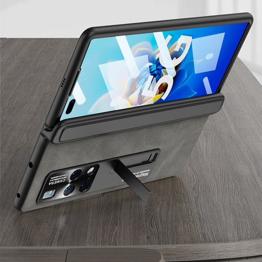 For Huawei Mate X2 GKK Integrated Frosted Leather HD Fold Hinge Phone Case with Holder(Brown) - Huawei Cases by GKK | Online Shopping UK | buy2fix