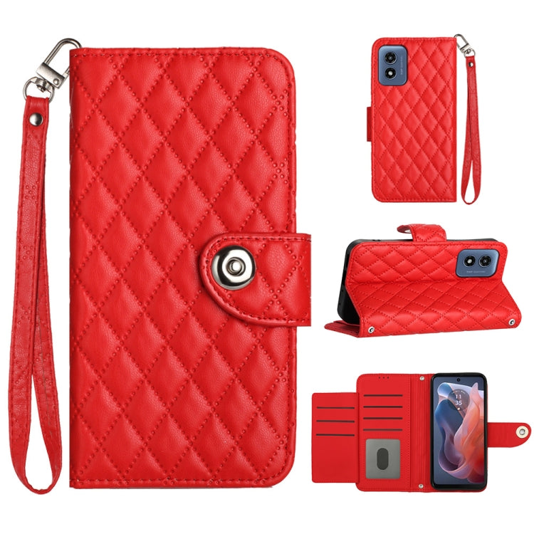For Motorola Moto G Play 4G 2024 Rhombic Texture Flip Leather Phone Case with Lanyard(Red) by buy2fix