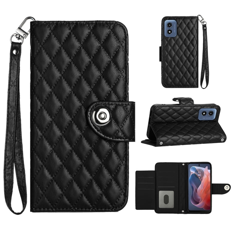 For Motorola Moto G Play 4G 2024 Rhombic Texture Flip Leather Phone Case with Lanyard(Black) by buy2fix