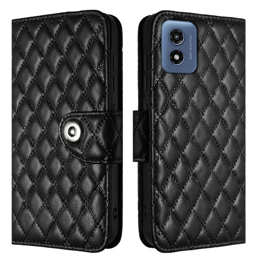For Motorola Moto G Play 4G 2024 Rhombic Texture Flip Leather Phone Case with Lanyard(Black) by buy2fix