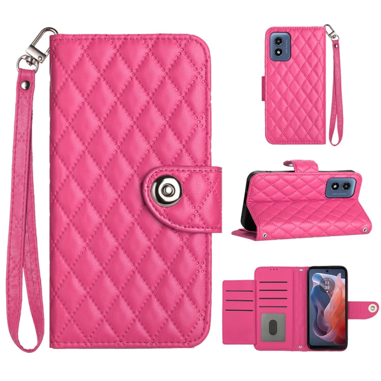 For Motorola Moto G Play 4G 2024 Rhombic Texture Flip Leather Phone Case with Lanyard(Rose Red) by buy2fix