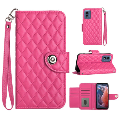 For Motorola Moto G Play 4G 2024 Rhombic Texture Flip Leather Phone Case with Lanyard(Rose Red) by buy2fix