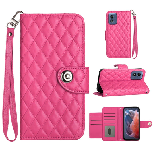 For Motorola Moto G Play 4G 2024 Rhombic Texture Flip Leather Phone Case with Lanyard(Rose Red) by buy2fix