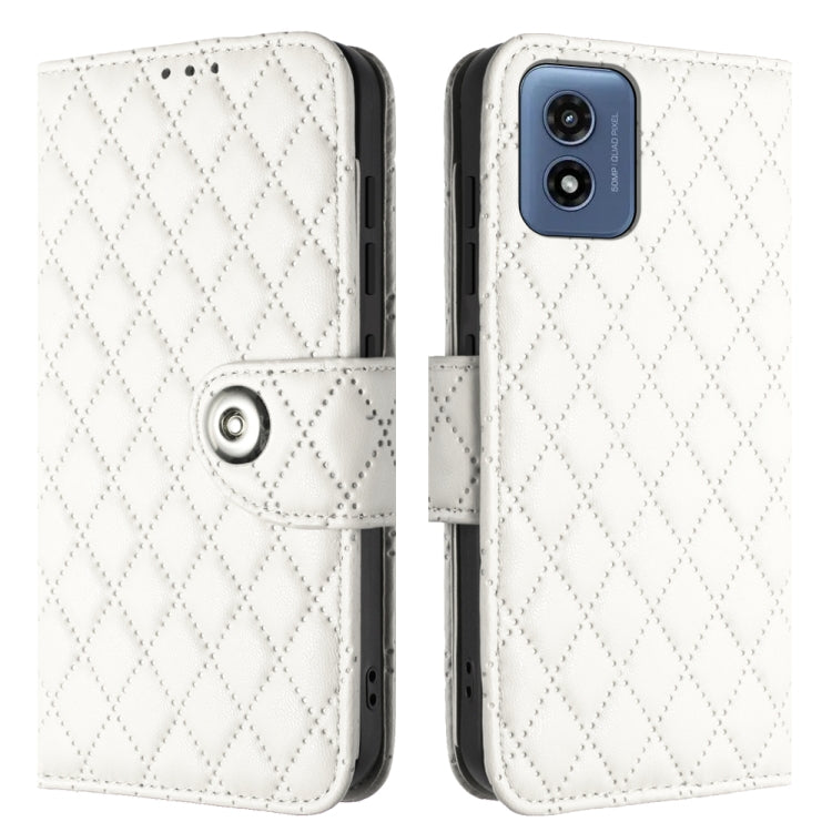 For Motorola Moto G Play 4G 2024 Rhombic Texture Flip Leather Phone Case with Lanyard(White) by buy2fix