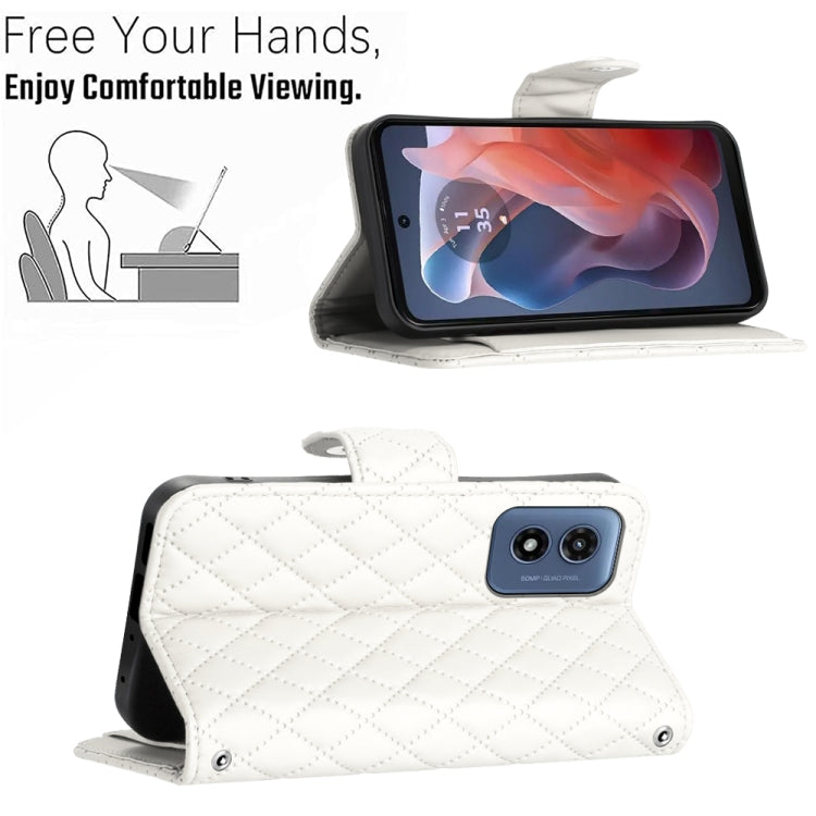 For Motorola Moto G Play 4G 2024 Rhombic Texture Flip Leather Phone Case with Lanyard(White) by buy2fix