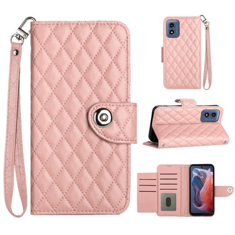 For Motorola Moto G Play 4G 2024 Rhombic Texture Flip Leather Phone Case with Lanyard(Coral Pink) by buy2fix