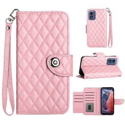 For Motorola Moto G Play 4G 2024 Rhombic Texture Flip Leather Phone Case with Lanyard(Pink) by buy2fix