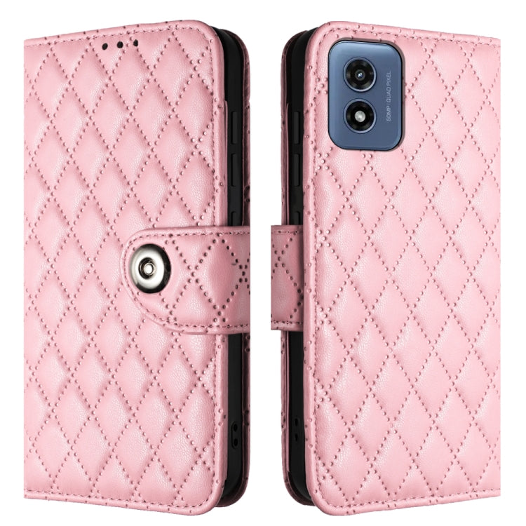 For Motorola Moto G Play 4G 2024 Rhombic Texture Flip Leather Phone Case with Lanyard(Pink) by buy2fix