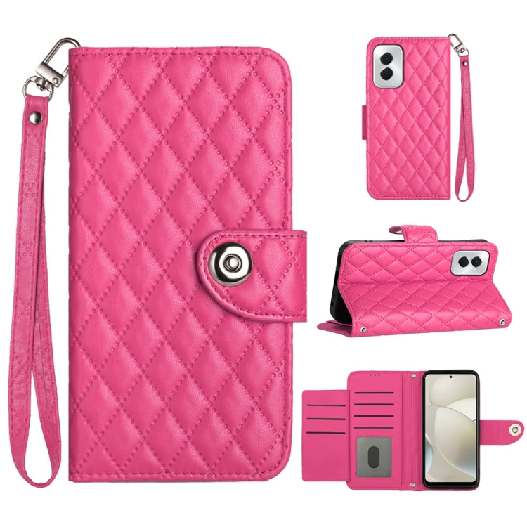For Motorola Moto G Power 5G 2024 Rhombic Texture Flip Leather Phone Case with Lanyard(Rose Red) by buy2fix