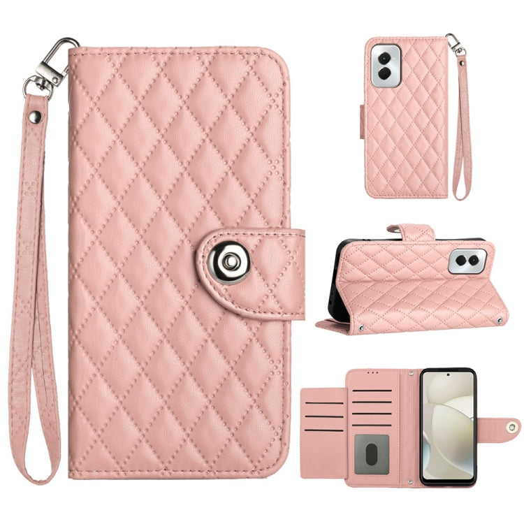 For Motorola Moto G Power 5G 2024 Rhombic Texture Flip Leather Phone Case with Lanyard(Coral Pink) by buy2fix
