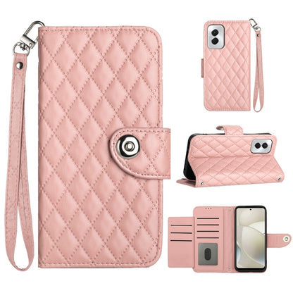 For Motorola Moto G Power 5G 2024 Rhombic Texture Flip Leather Phone Case with Lanyard(Coral Pink) by buy2fix