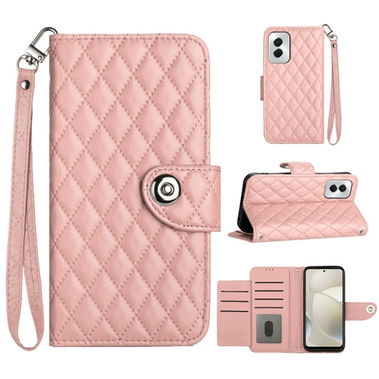 For Motorola Moto G Power 5G 2024 Rhombic Texture Flip Leather Phone Case with Lanyard(Coral Pink) by buy2fix
