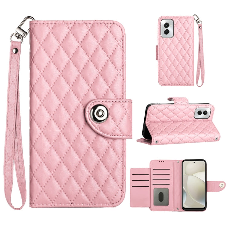 For Motorola Moto G Power 5G 2024 Rhombic Texture Flip Leather Phone Case with Lanyard(Pink) by buy2fix