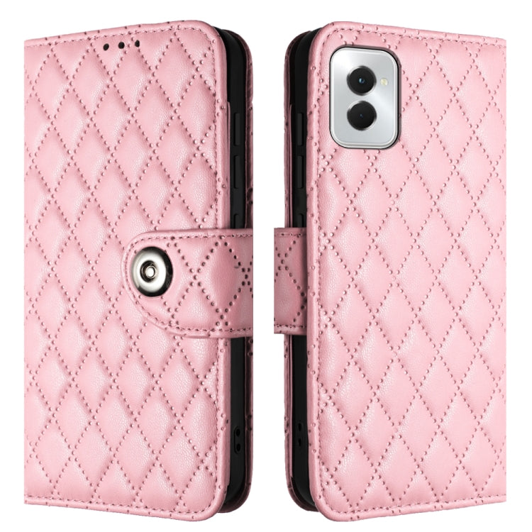 For Motorola Moto G Power 5G 2024 Rhombic Texture Flip Leather Phone Case with Lanyard(Pink) by buy2fix