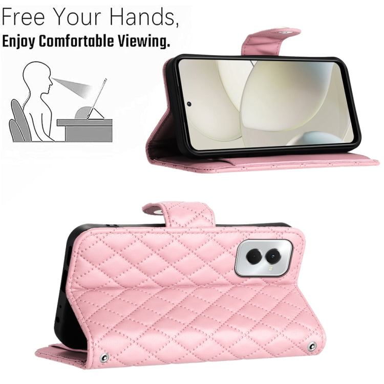 For Motorola Moto G Power 5G 2024 Rhombic Texture Flip Leather Phone Case with Lanyard(Pink) by buy2fix