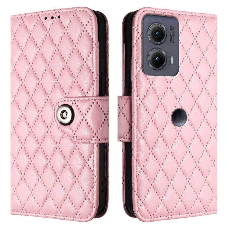 For Motorola Edge 2024 Rhombic Texture Flip Leather Phone Case with Lanyard(Pink) by buy2fix