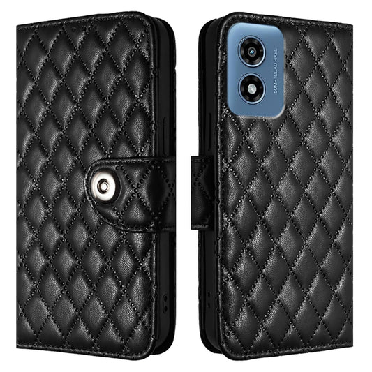 For Motorola Moto G Play 5G 2024 Rhombic Texture Flip Leather Phone Case with Lanyard(Black) by buy2fix