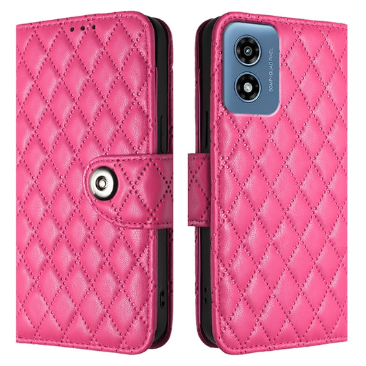 For Motorola Moto G Play 5G 2024 Rhombic Texture Flip Leather Phone Case with Lanyard(Rose Red) by buy2fix