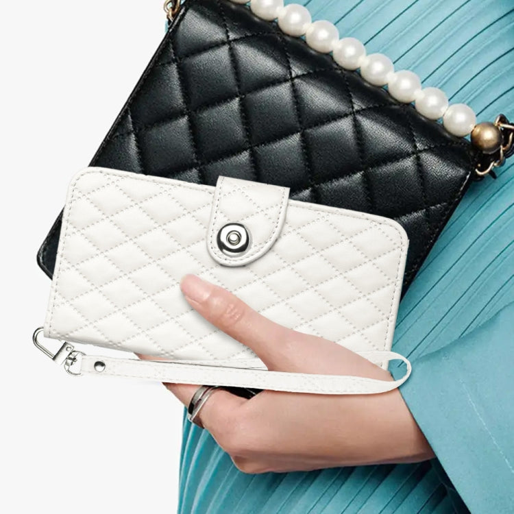 For Motorola Moto G Play 5G 2024 Rhombic Texture Flip Leather Phone Case with Lanyard(White) by buy2fix