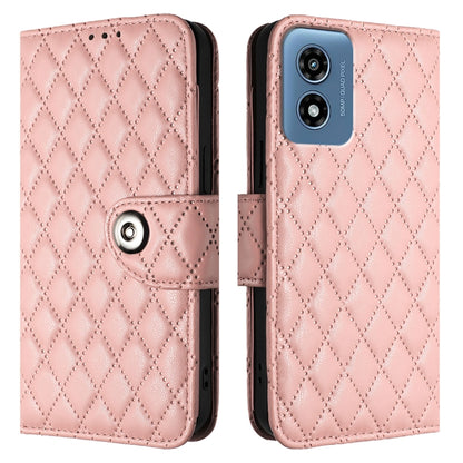 For Motorola Moto G Play 5G 2024 Rhombic Texture Flip Leather Phone Case with Lanyard(Coral Pink) by buy2fix