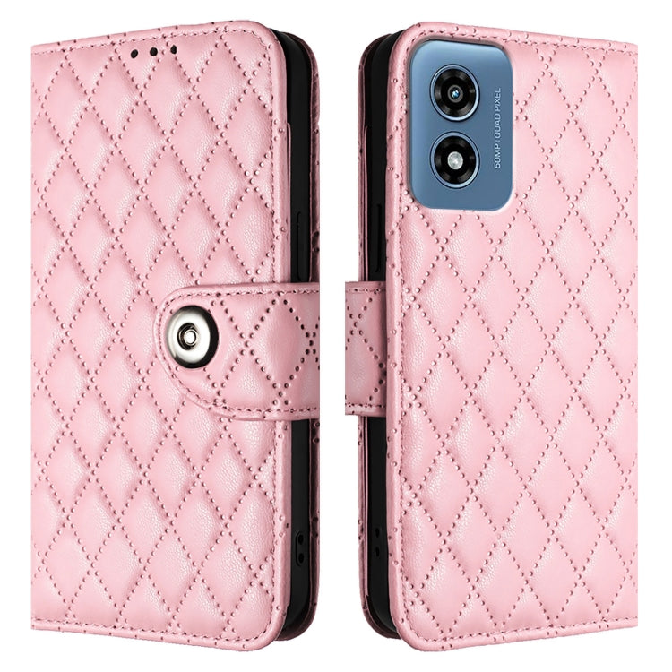 For Motorola Moto G Play 5G 2024 Rhombic Texture Flip Leather Phone Case with Lanyard(Pink) by buy2fix