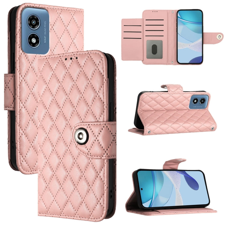 For Motorola Moto G 5G 2024 Global Rhombic Texture Flip Leather Phone Case with Lanyard(Coral Pink) by buy2fix