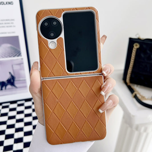 For OPPO Find N3 Flip Pearlescent Paint Diamond Shaped Checkered Leather Phone Case(Brown) - OPPO Cases by buy2fix | Online Shopping UK | buy2fix