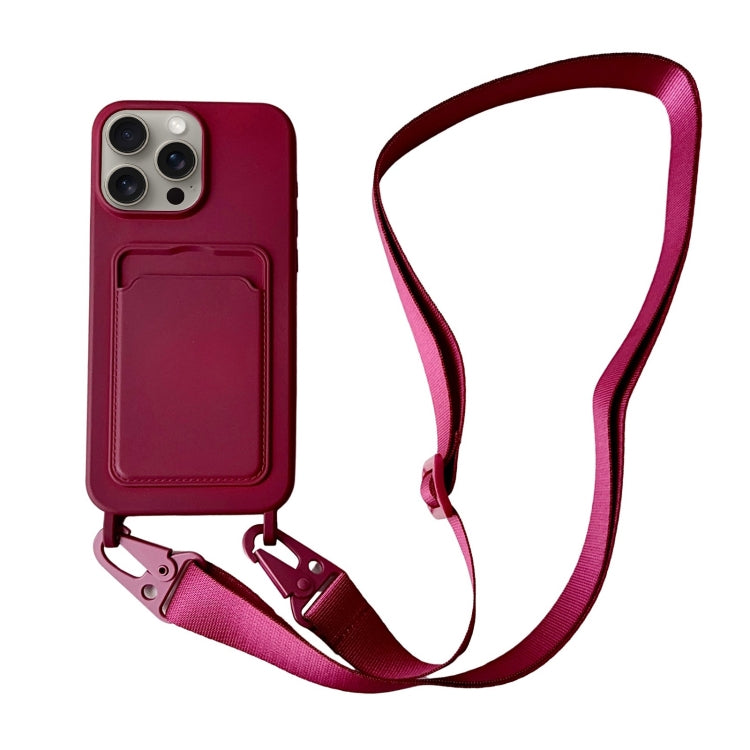 For iPhone 16 Pro Max Card Slot Liquid Silicone Phone Case with Lanyard(Wine Red) by buy2fix
